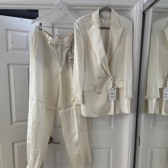 ZARA Satan Ivory Suit Blazer MED - Picture 1 of 3